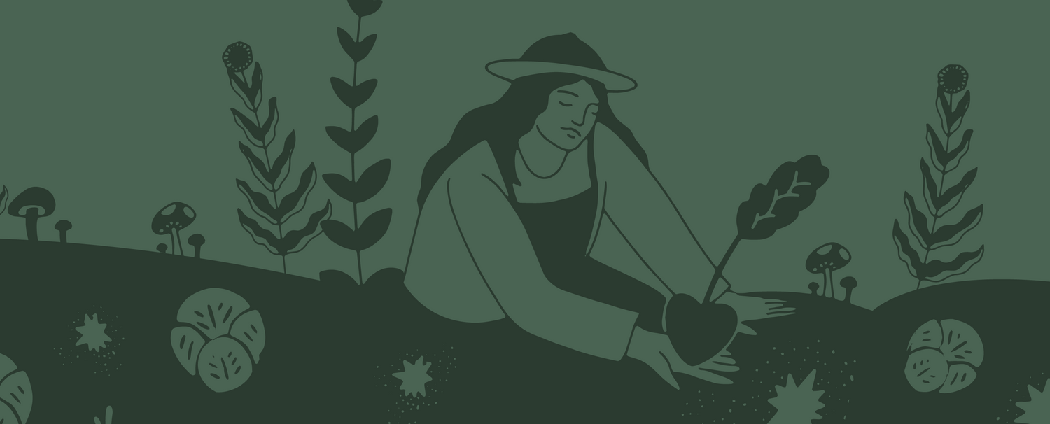 An illustration of a woman caring with love to Soil and Soul Farm's garden full of produce.