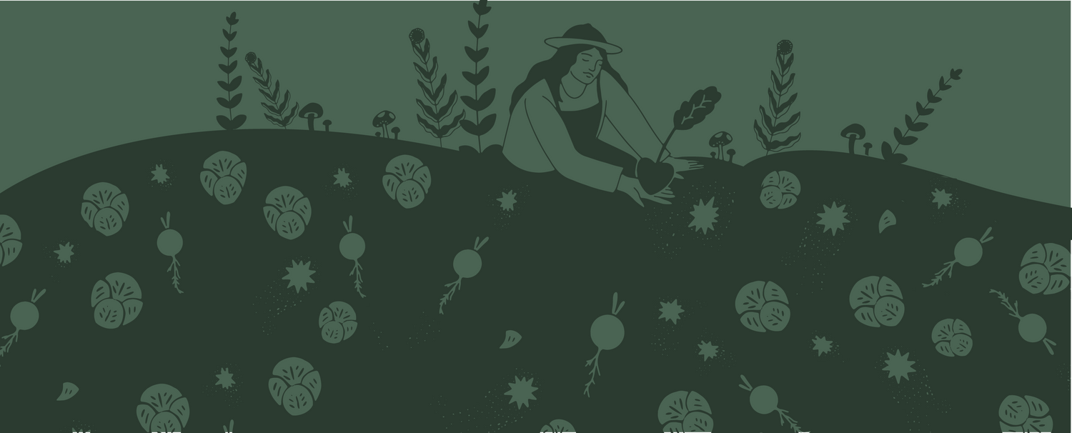An illustration of a woman caring with love to Soil and Soul Farm's garden full of produce.